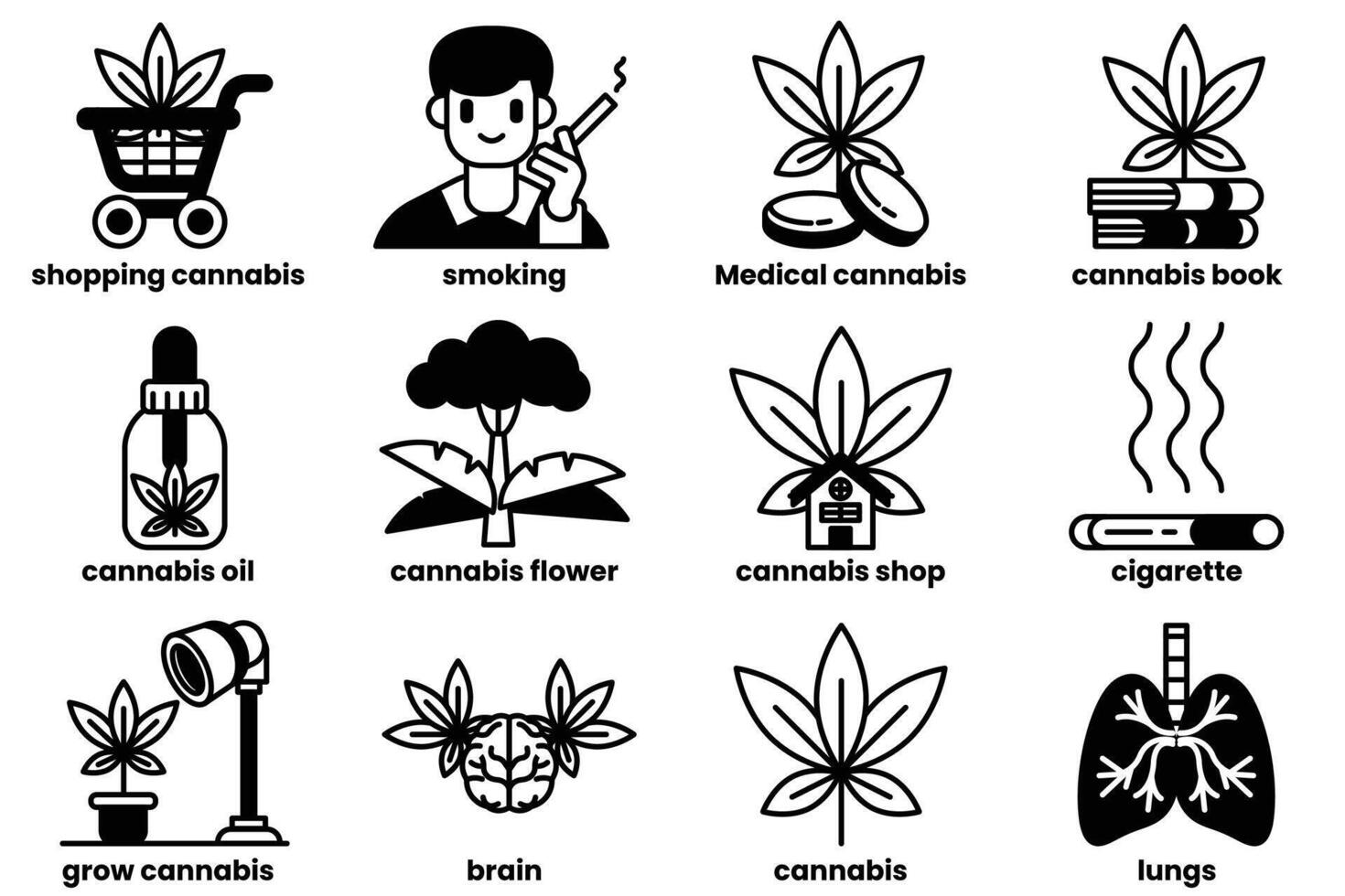 A set of icons for various cannabis-related items, including a judge hammer vector