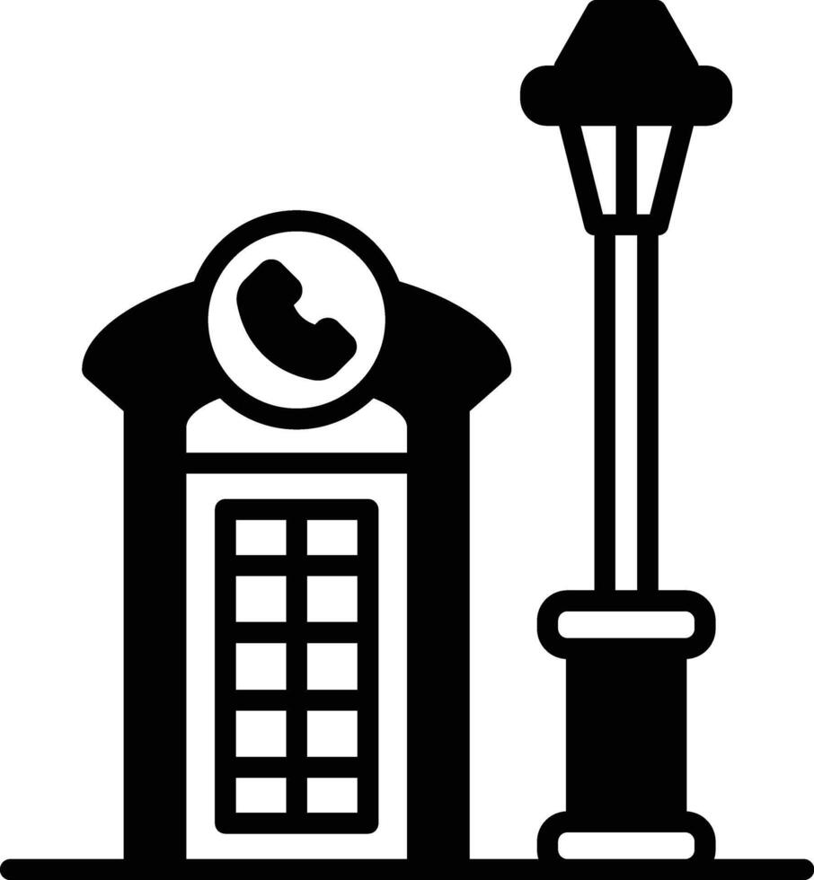 A black and white drawing of a telephone booth and a street lamp vector