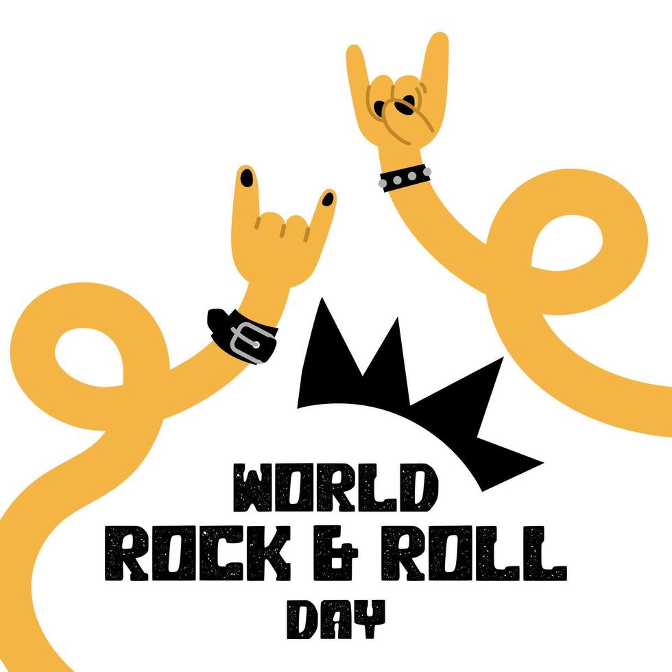 A banner depicting a rocker's hand depicting horns, a bracelet with spikes and a welcome sign in honor of Rock Day on April 13. Long curved yellow arms. The inscription of the holiday. Mohawk on white vector
