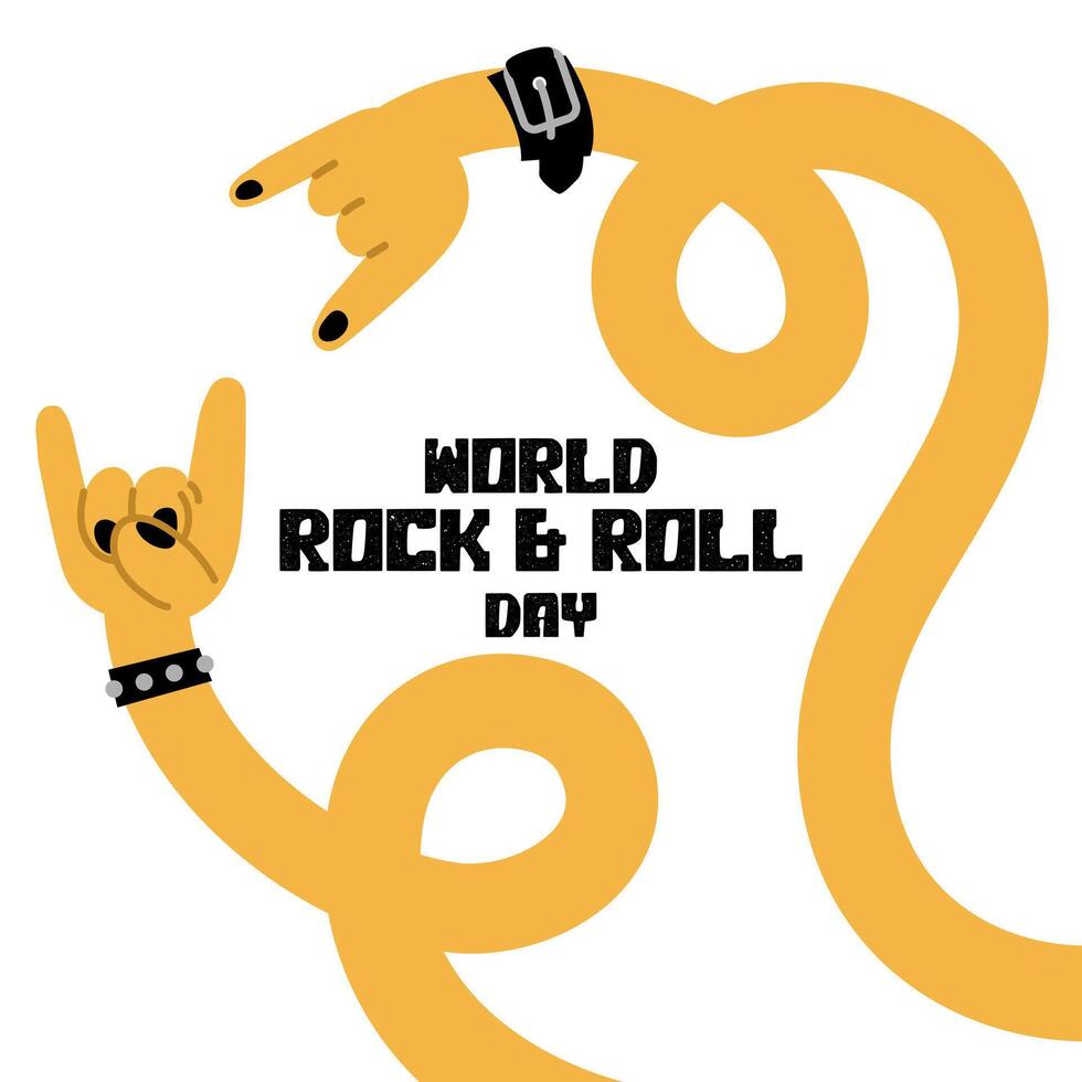 Banner depicting a rocker's hand depicting horns, a bracelet with spikes and a welcome sign in honor of Rock Day April 13. Long curved yellow arms. Inscription of the holiday. Two hands with bracelets vector