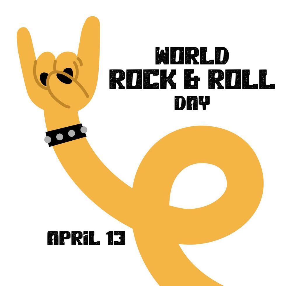A banner depicting a rocker's hand depicting horns, a bracelet with spikes and a welcome sign in honor of Rock Day on April 13. Long curved yellow arms. The inscription of the holiday. One hand vector