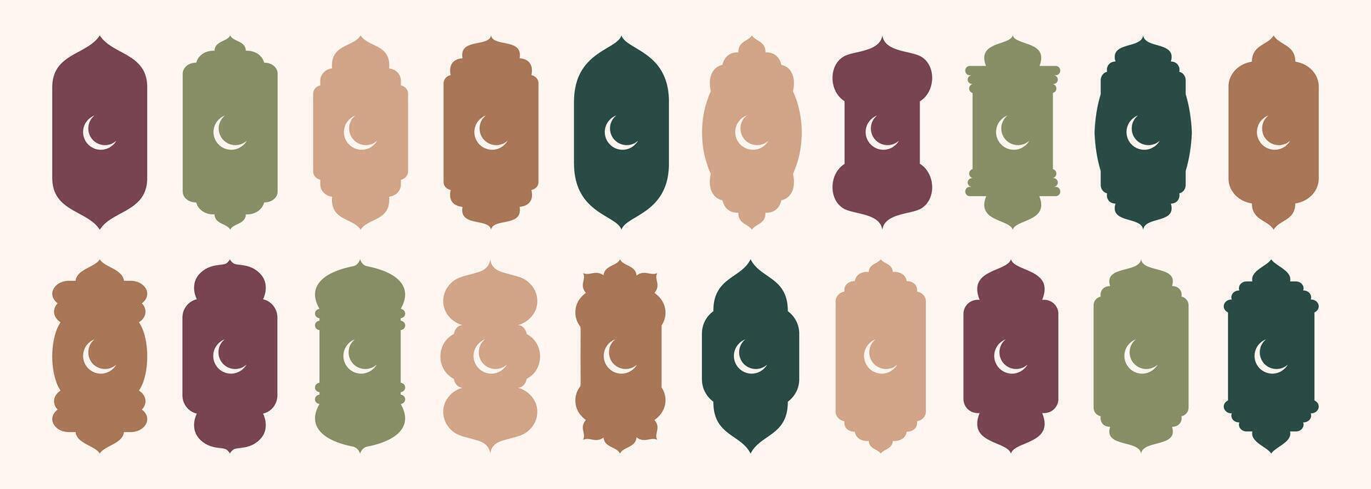 Shape Islamic door and window silhouette Arabic arch with crescent moon. Collection of patterns in oriental style. Frames in Arabic Muslim design for Ramadan Kareem. mosque gate isolated on vector