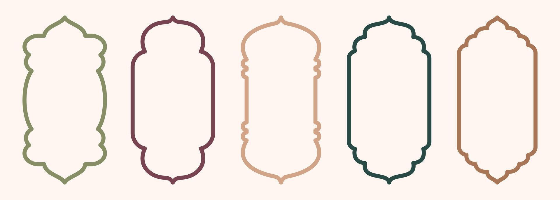 Shape Islamic door and window silhouette Arabic arch. Collection of patterns in oriental style. Frames in Arabic Muslim design for Ramadan Kareem. mosque gate stroke isolated on white vector