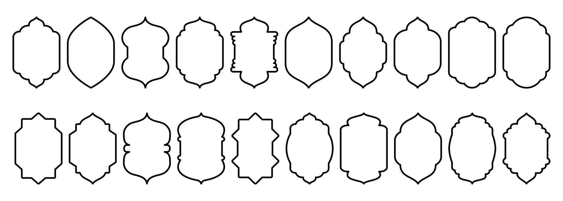 Shape Islamic door and window silhouette Arabic arch. Collection of patterns in oriental style. Frames in Arabic Muslim design for Ramadan Kareem. mosque gate stroke isolated on white vector
