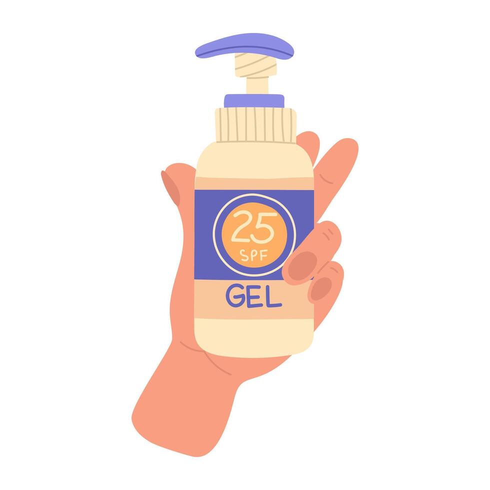 jar of sunscreen in your hand. The gel is in a closed tube with a dispenser. Cosmetics. Face and body care products. The icon of the Spf 25 gel jar. A object in a flat style. Isolated object vector