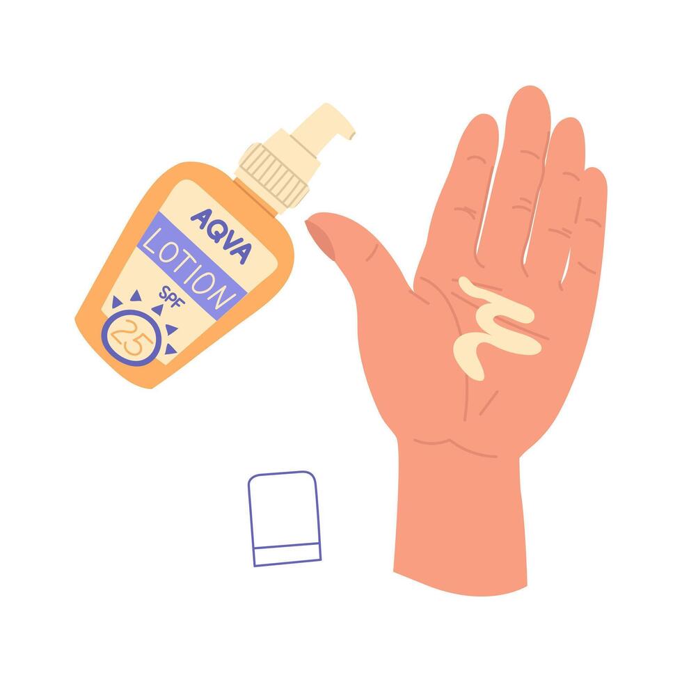 jar of sunscreen in your hand. Lotion is squeezed into the palm of your hand, the lid is open. Cosmetics. Face and body care products. Icon of the Spf jar. object in a flat style. Isolated vector