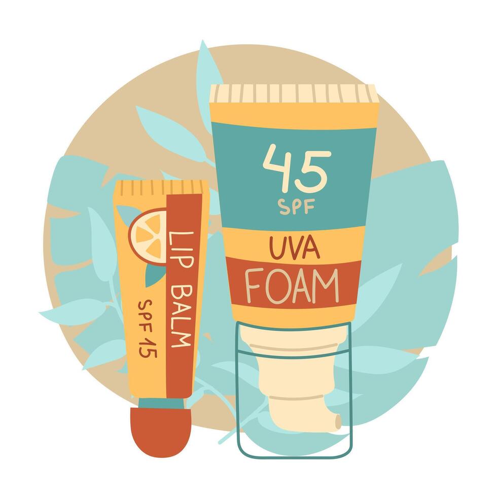 sunscreen lip balm and foam. Jars in a closed tube. Cosmetics. Face and lip care products. The icon of the jar with Spf aqua cream. A object in a flat style. Tropical leaves. An isolated object vector