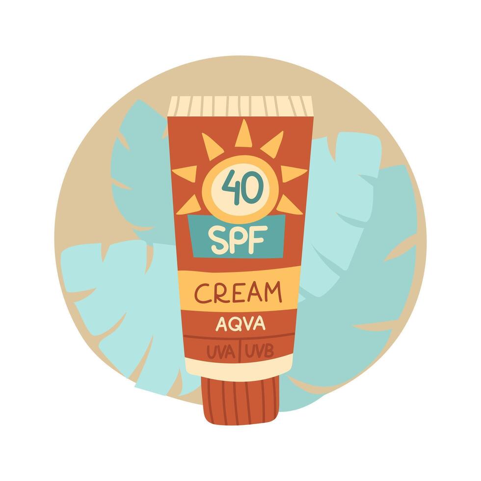 A jar of sunscreen. The cream is in a closed tube. Cosmetics. Face and body care products. The icon of the Spf cream jar aqua. A object in a flat style. Tropical leaves. An isolated object vector
