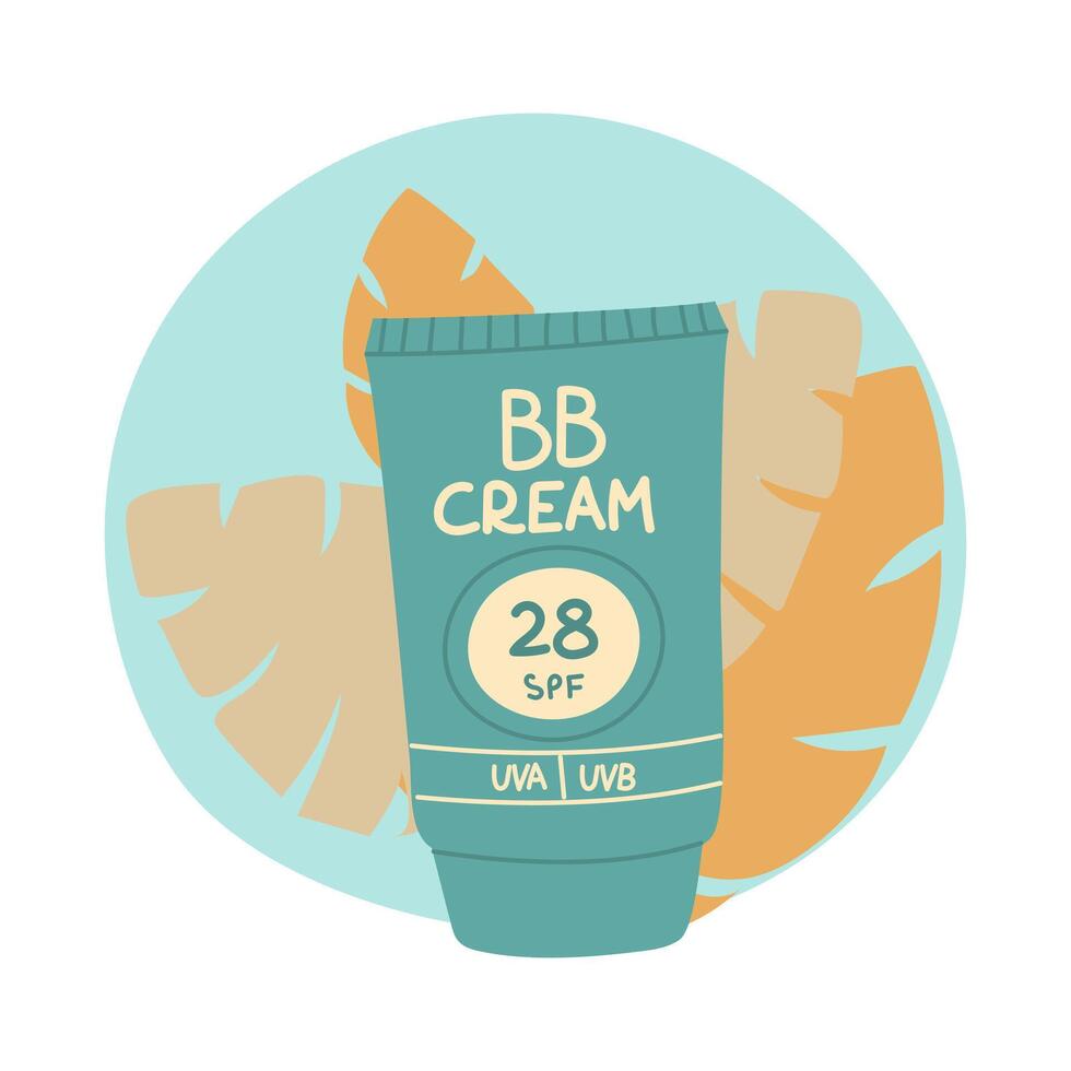 jar of sunscreen. BB cream is in a closed tube with a dispenser. Cosmetics. Face and body care products. The icon of the Spf 28 BB jar. object in a flat style. Tropical leaves. Isolated object vector