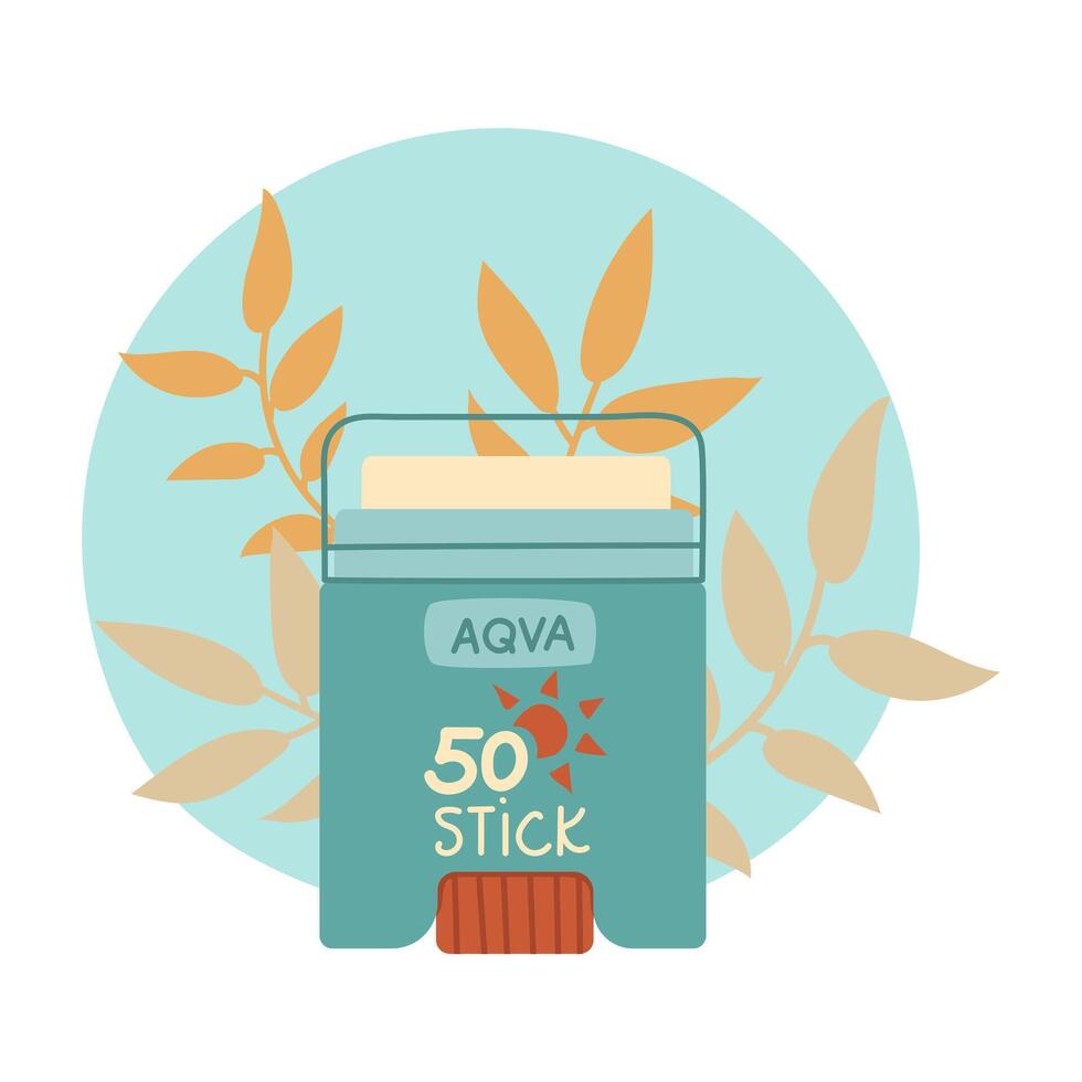 jar of sunscreen. Stick is in a closed tube with a dispenser. Cosmetics. Face and body care products. The icon of the Spf 50 stick jar. object in a flat style. Tropical leaves. Isolated object vector