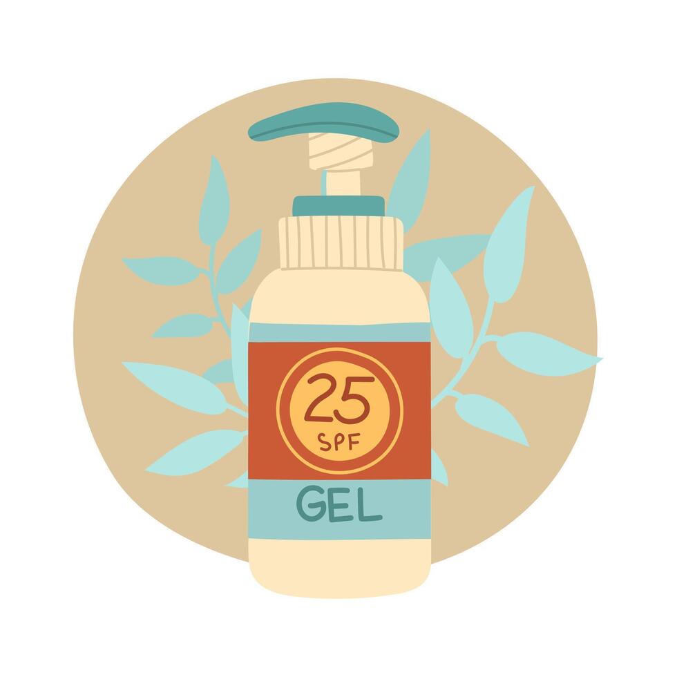 jar of sunscreen. The gel is in a closed tube with a dispenser. Cosmetics. Face and body care products. The icon of the Spf 25 gel jar. object in a flat style. Tropical leaves. Isolated object vector
