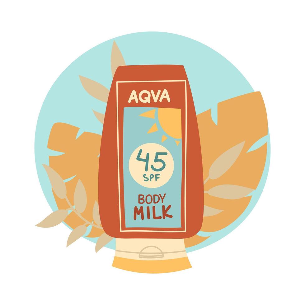 jar of sunscreen. BODY MILK is in a closed tube. Cosmetics. Face and body care products. The icon of the Spf cream jar aqua. object in a flat style. Tropical leaves. An isolated object. Spf 45 vector