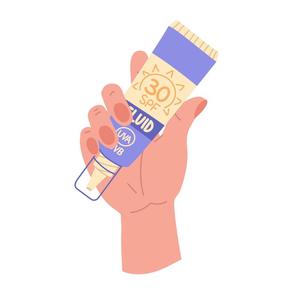 A jar of sunscreen in your hand. The fluid is in a closed tube with a dispenser. Cosmetics. Face and body care products. The icon of the Spf 30 fluid jar. A object in a flat style. Isolated object vector