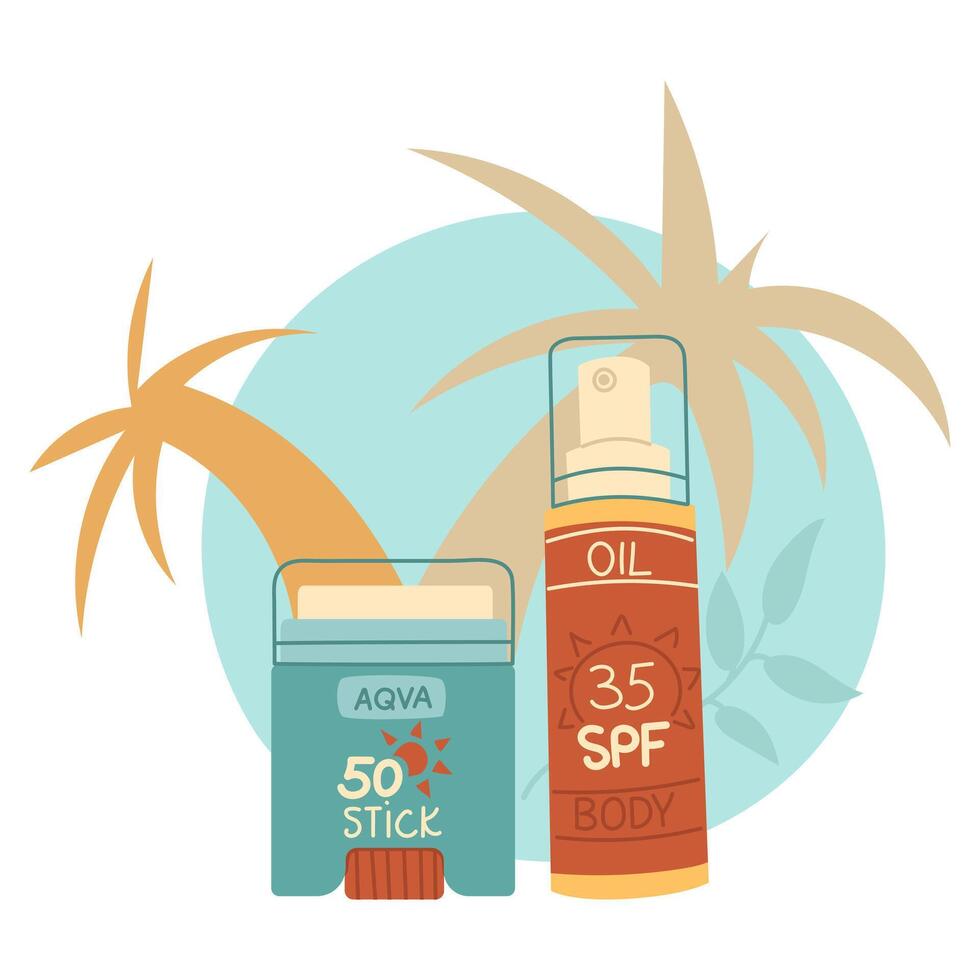sunscreen stick and oil . Jars in a closed tube. Cosmetics. Face and oil care products. The icon of the jar with Spf aqua cream. A object in a flat style. Tropical leaves. An isolated object vector