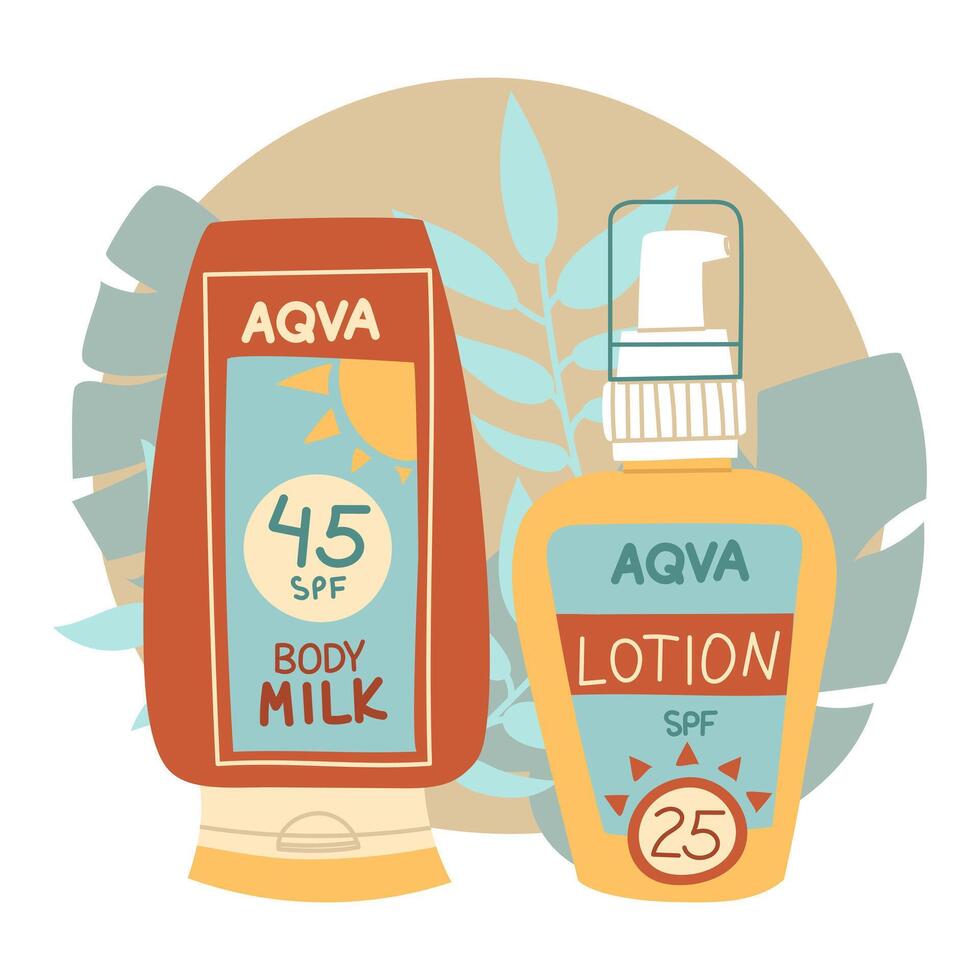 Jar of sunscreen lotion and milk. in a closed tube with a dispenser with tropical leaves. Cosmetics. Face and body care products. Icon of the Spf jar. A object in a flat style. Isolated object vector
