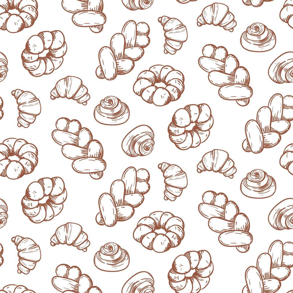 Pattern of doodle illustrations depicting baking, light brown. The image is made manually using lines of different thicknesses. Contour for baking in cafes, bakeries on white. Variety of pastries vector