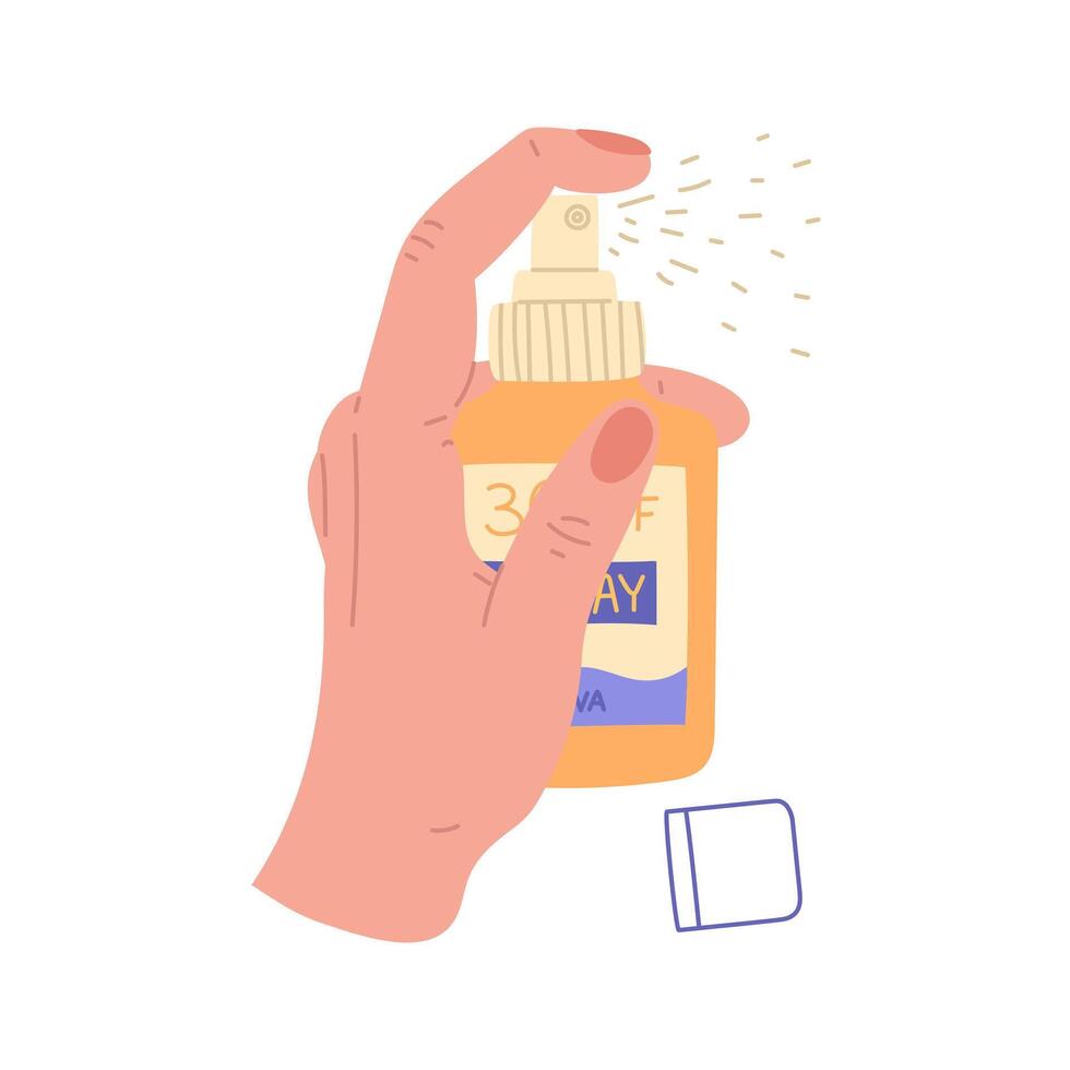 jar of sunscreen in your hand. Spray in the hand sprays, the lid is open. Cosmetics. Face and body care products. The icon of the Spf 30 cream jar. A object in a flat style. Isolated object vector