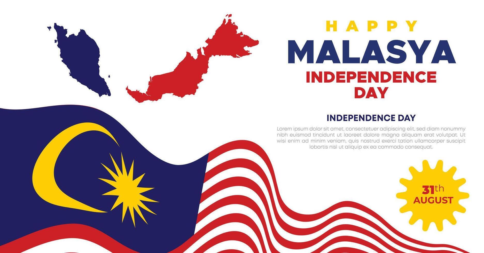 Malaysia Independence Day with Flag, Map of Malaysia, Red and White Stripes, and Yellow Sun vector