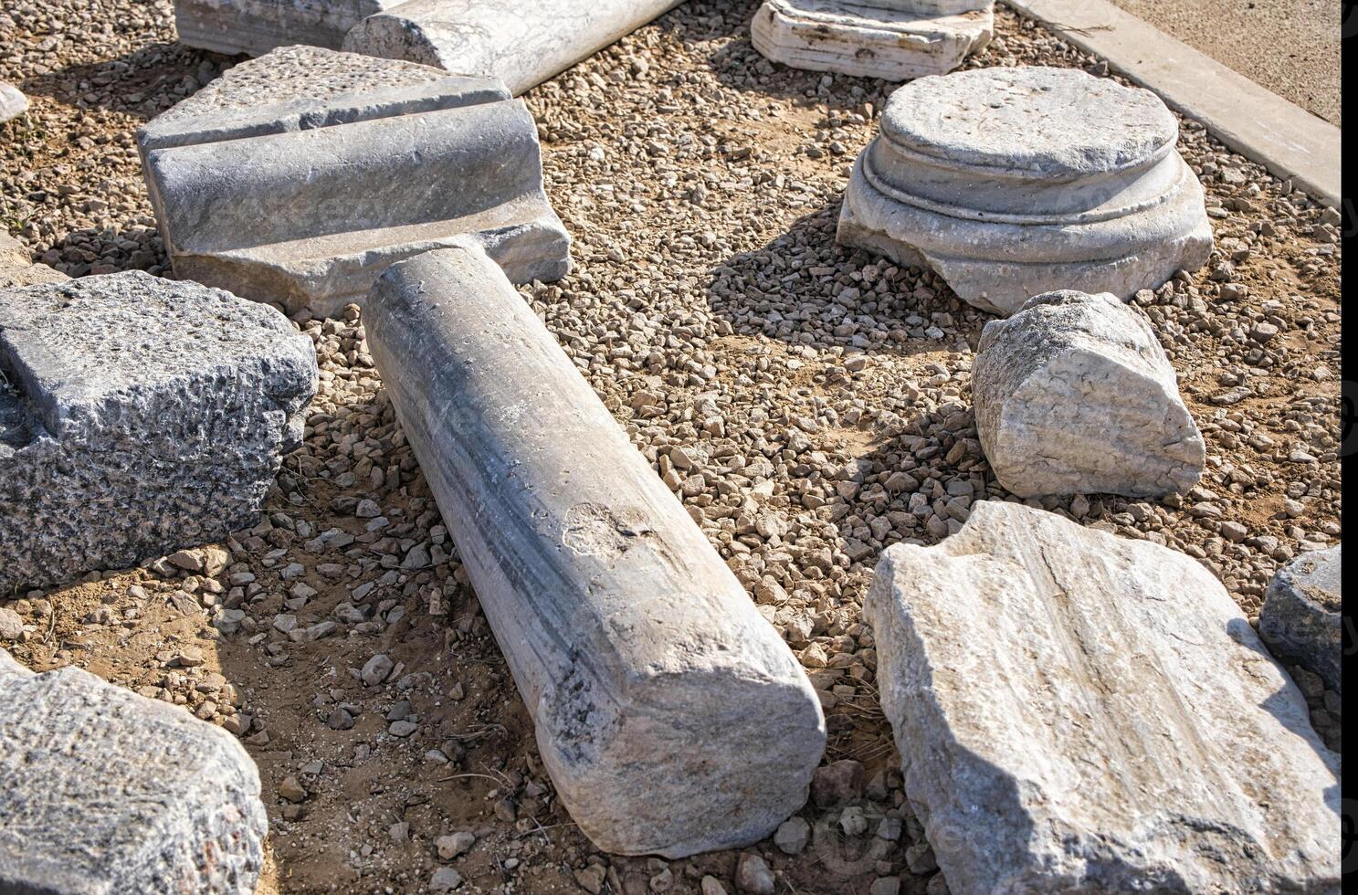 Fragments of columns in the ancient fortress of the Crusaders Apollonia Arsuf, Mediterranean coast, Israel. photo