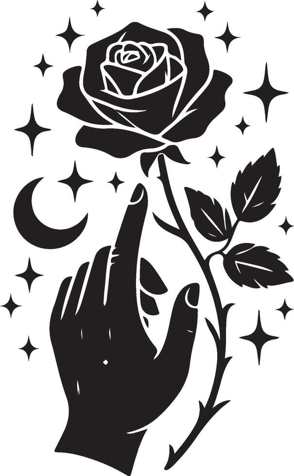 Black silhouette of a rose flower with stem isolated on a white background. vector