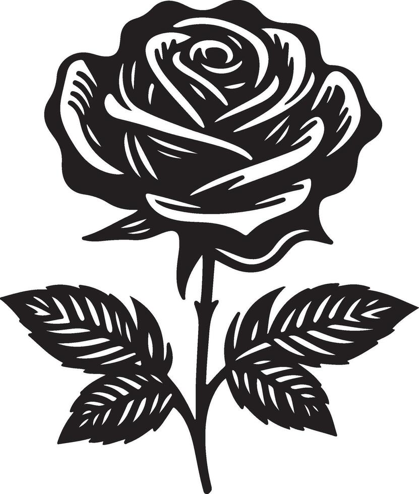 Black silhouette of a rose flower with stem isolated on a white background. vector