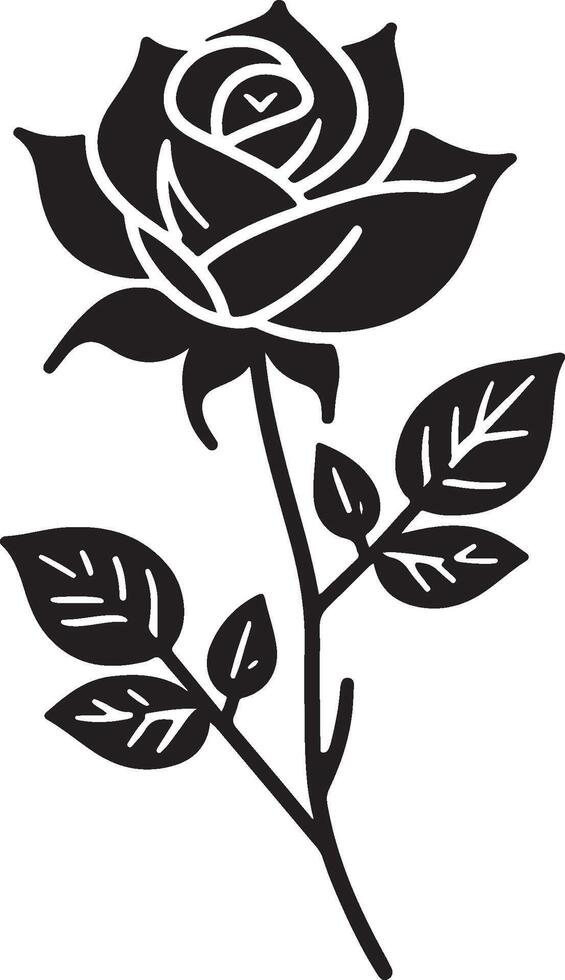 Black silhouette of a rose flower with stem isolated on a white background. vector
