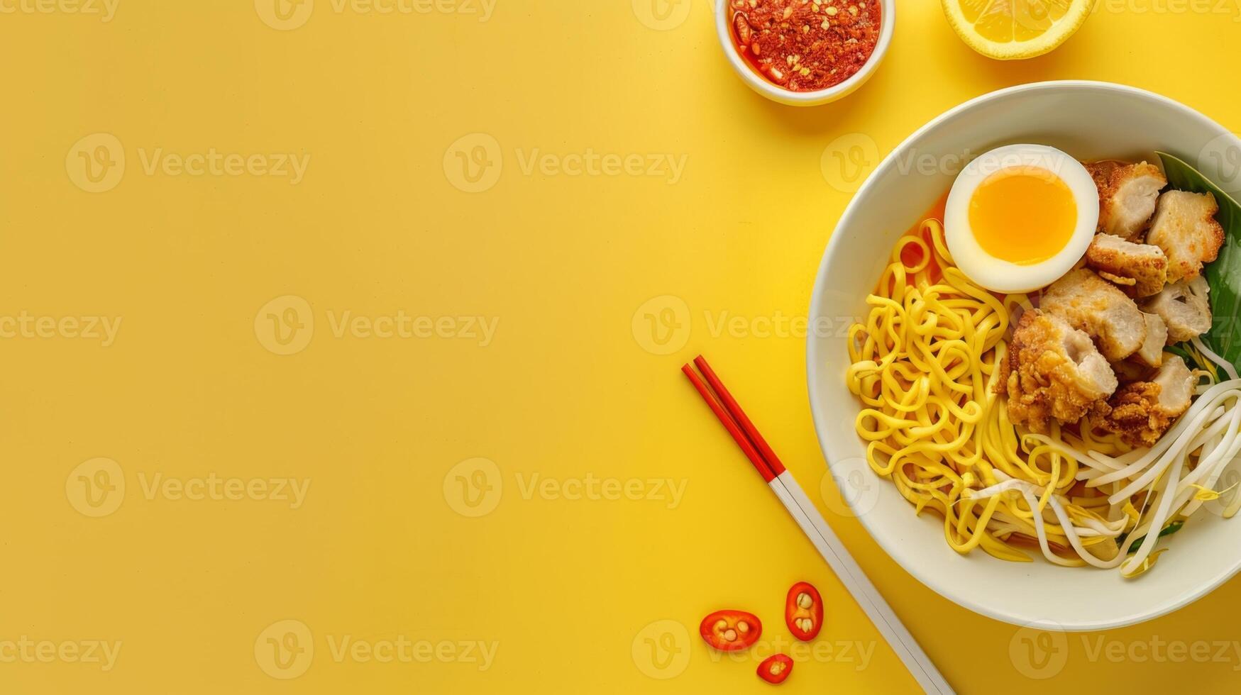 Indonesia chicken noodle with chilies and vegetable copy space background photo