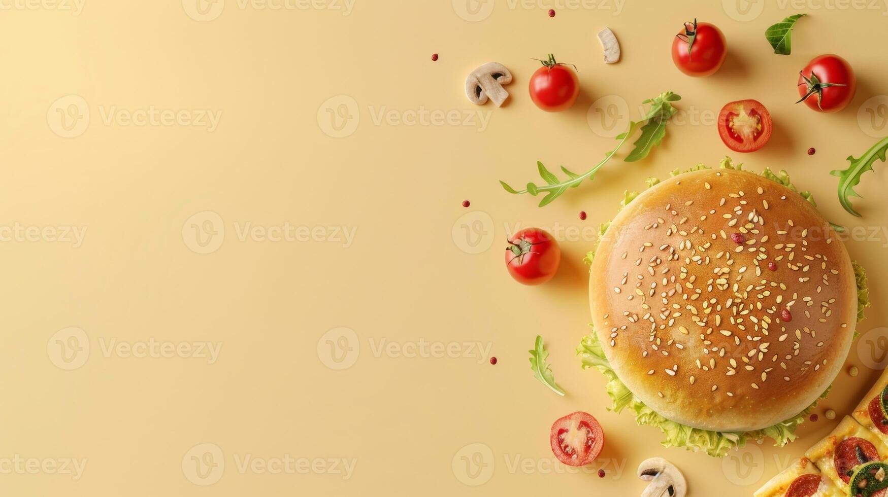 Flat lay burger beef meat bun bread with tomato and lettuce sandwich fast food copy space isolated photo