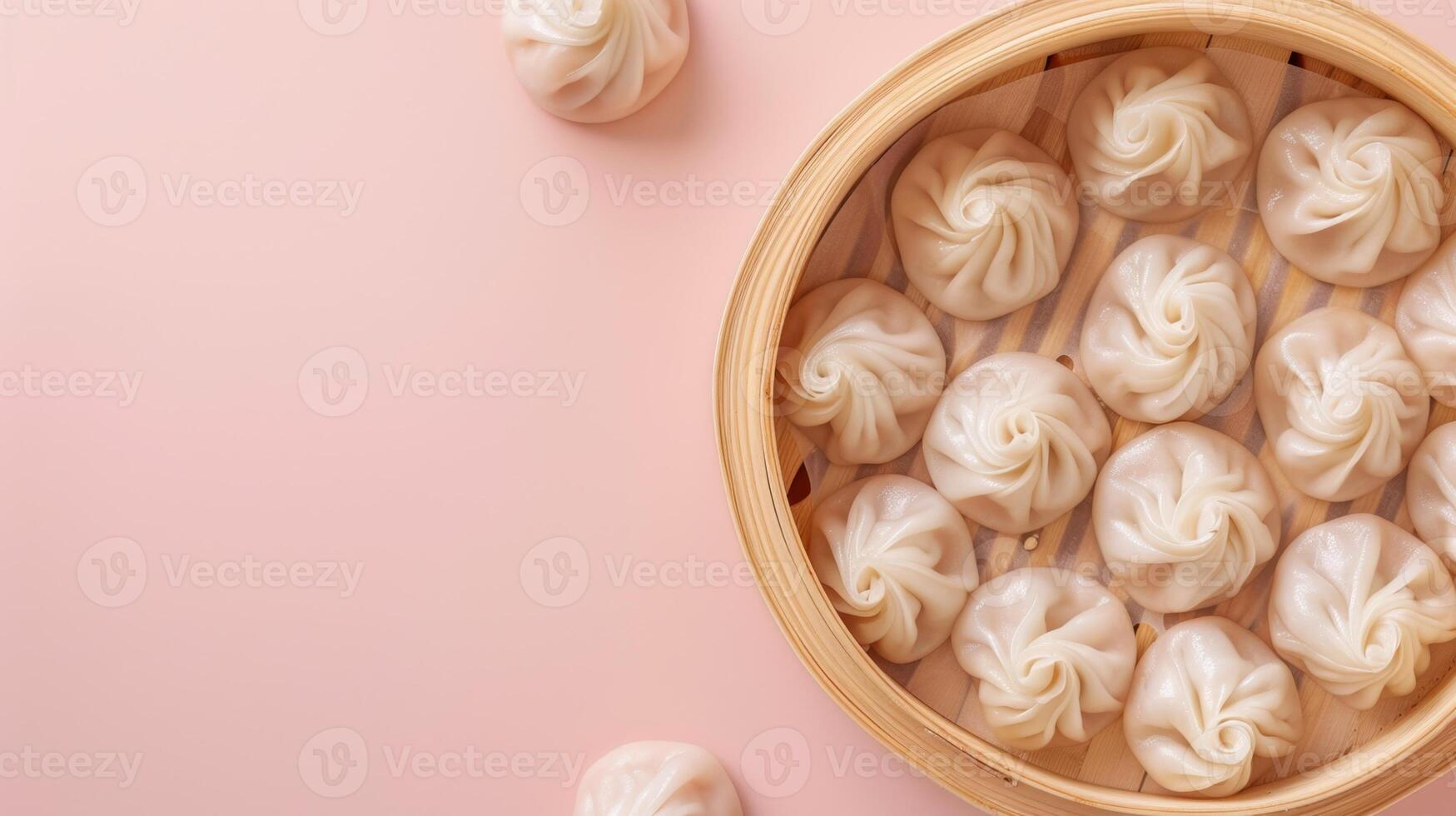 Traditional oriental meal dumplings on rattan basket steam copy space photo
