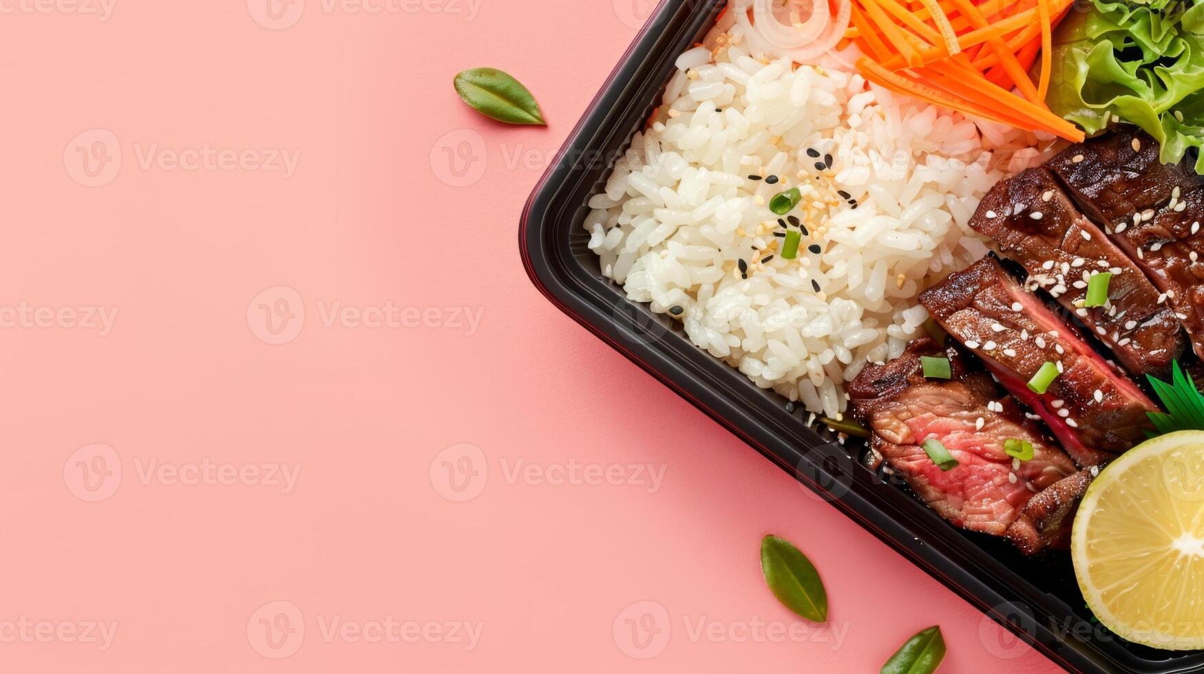 Beef yakiniku traditional Japanes food beef and rice box with sesame copy space photo