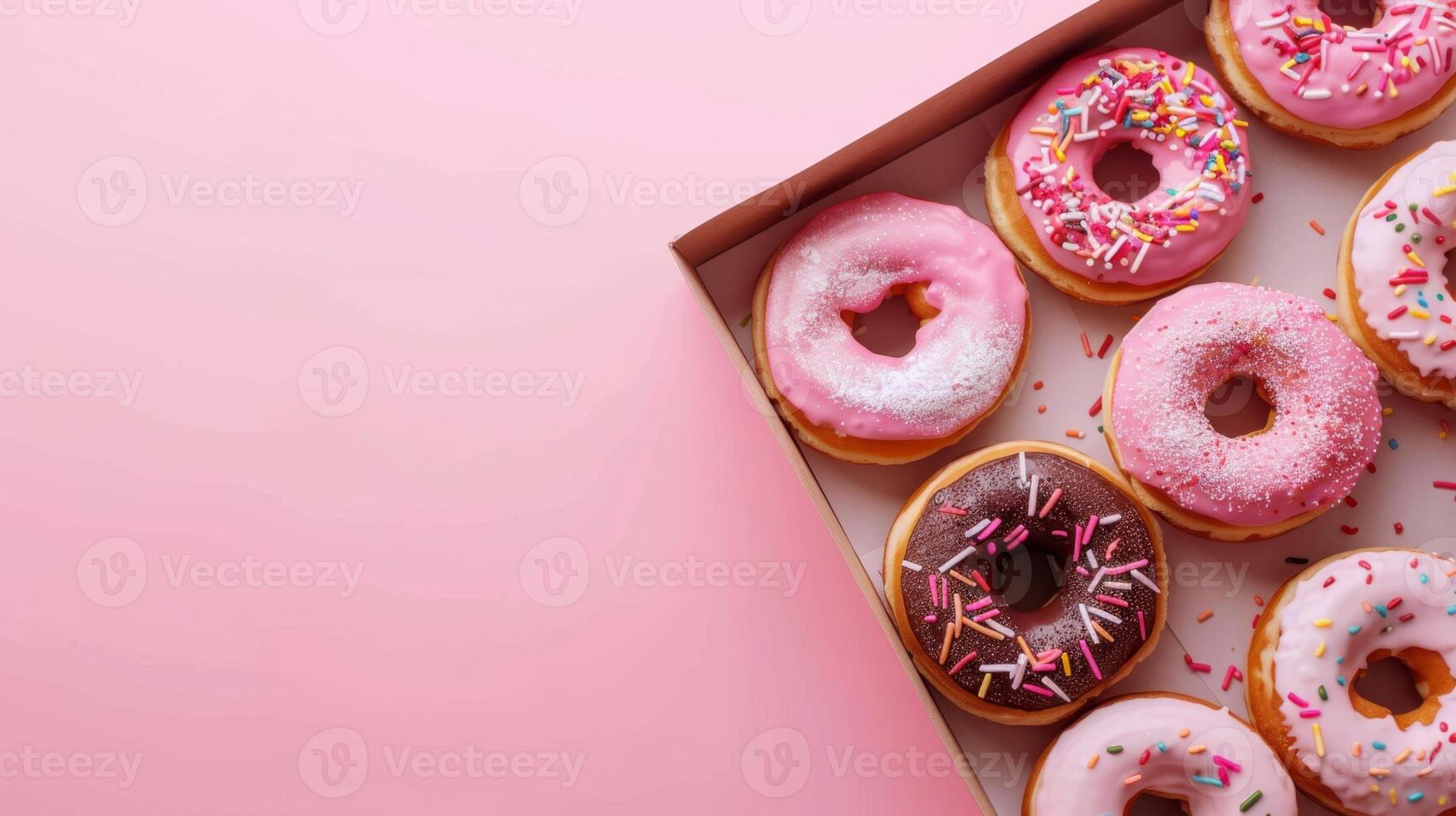 Sweet donuts rounded bread on paper box with topping cream and springkles copy space photo