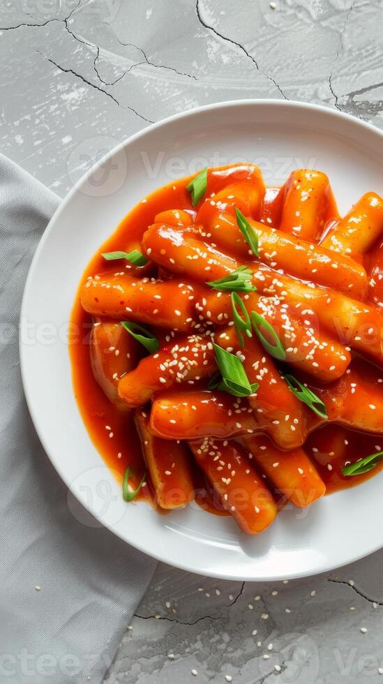 Tteokbokki Korean traditional food spicy meal on white plate photo