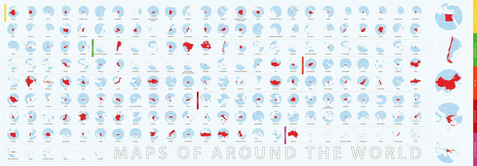 Set of circular maps of the world, blue map with highlighted country in red color. vector