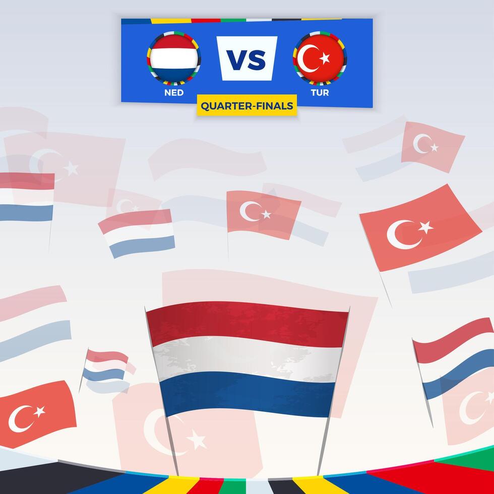 Football fans cheering with flags for the match between Netherlands vs Turkey. Sport illustration for football competition in Europe. vector