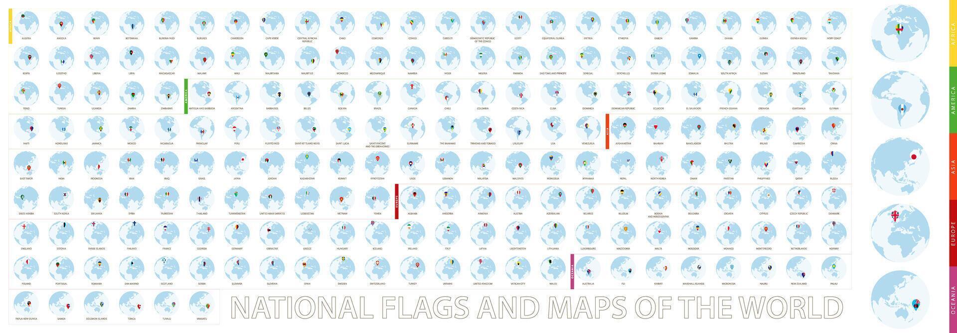 World Globe icon with flag, national flags with globe sorted alphabetically and by continent. vector