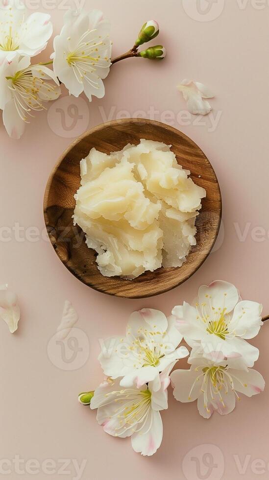 Shea butter on wooden plate best for skincare ingredient photo