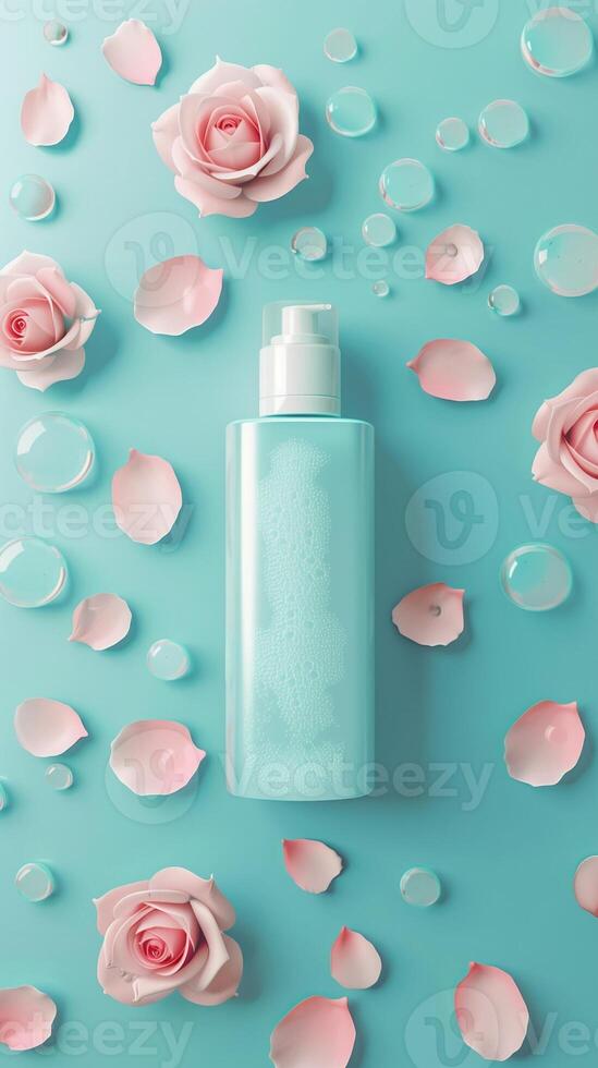 White bottle rose water mockup, for skincare product treatment, flower roses decoration isolated background photo