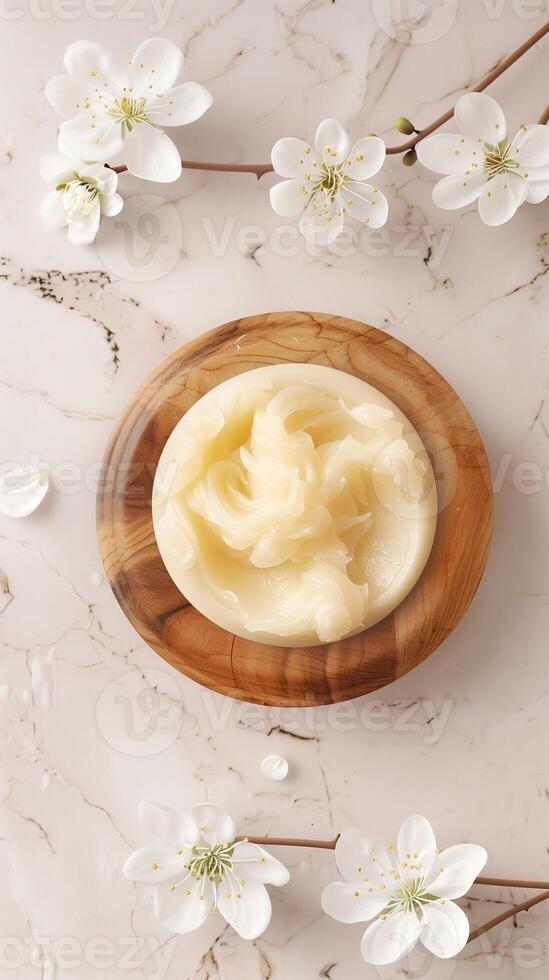 Shea butter on wooden plate best for skincare ingredient photo
