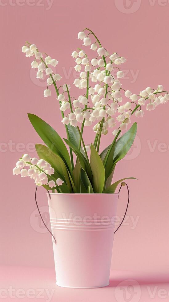 Lily of the valley flower on white bucket isolated pink background photo