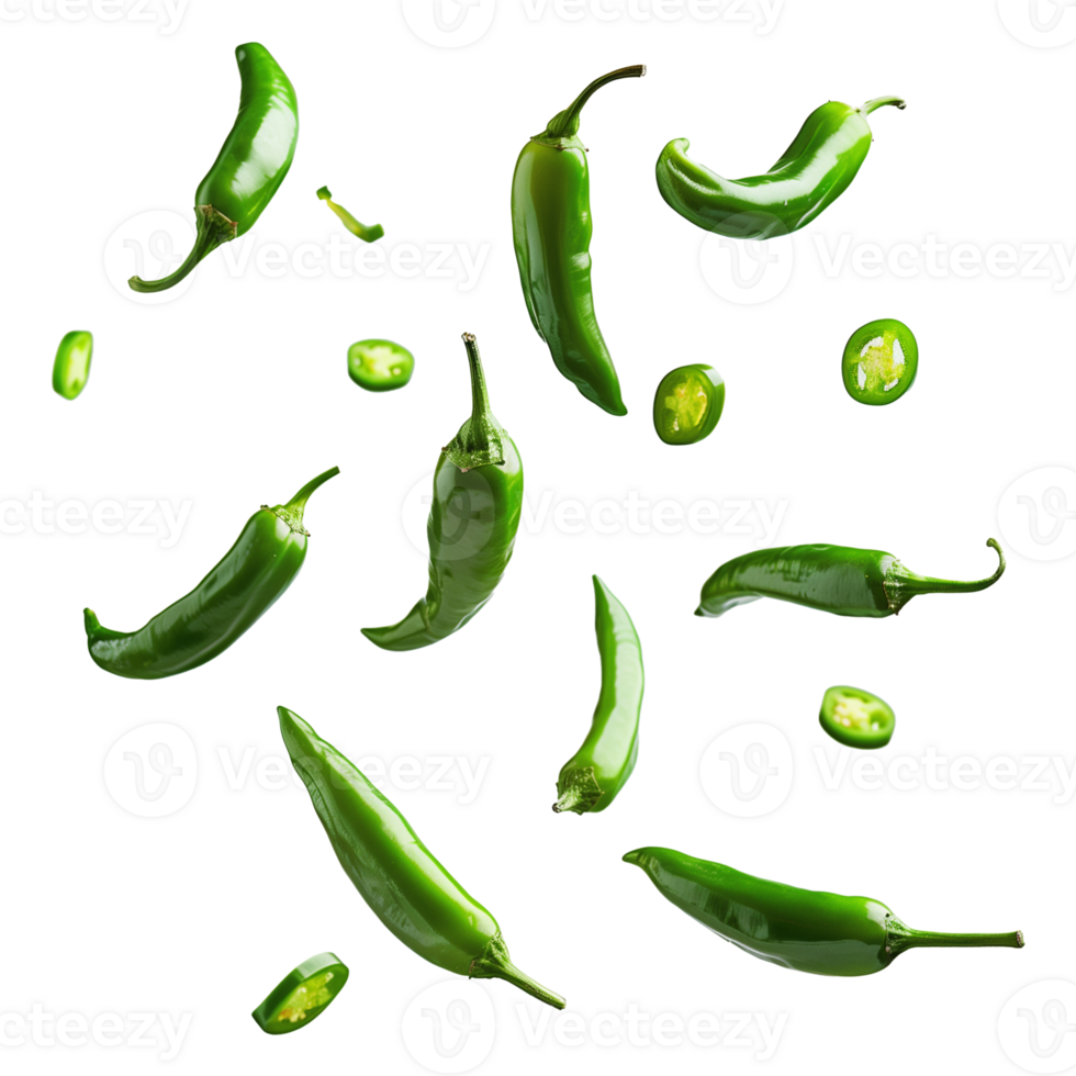 Fresh Green Jalapenos Falling Isolated on Transparent Background png