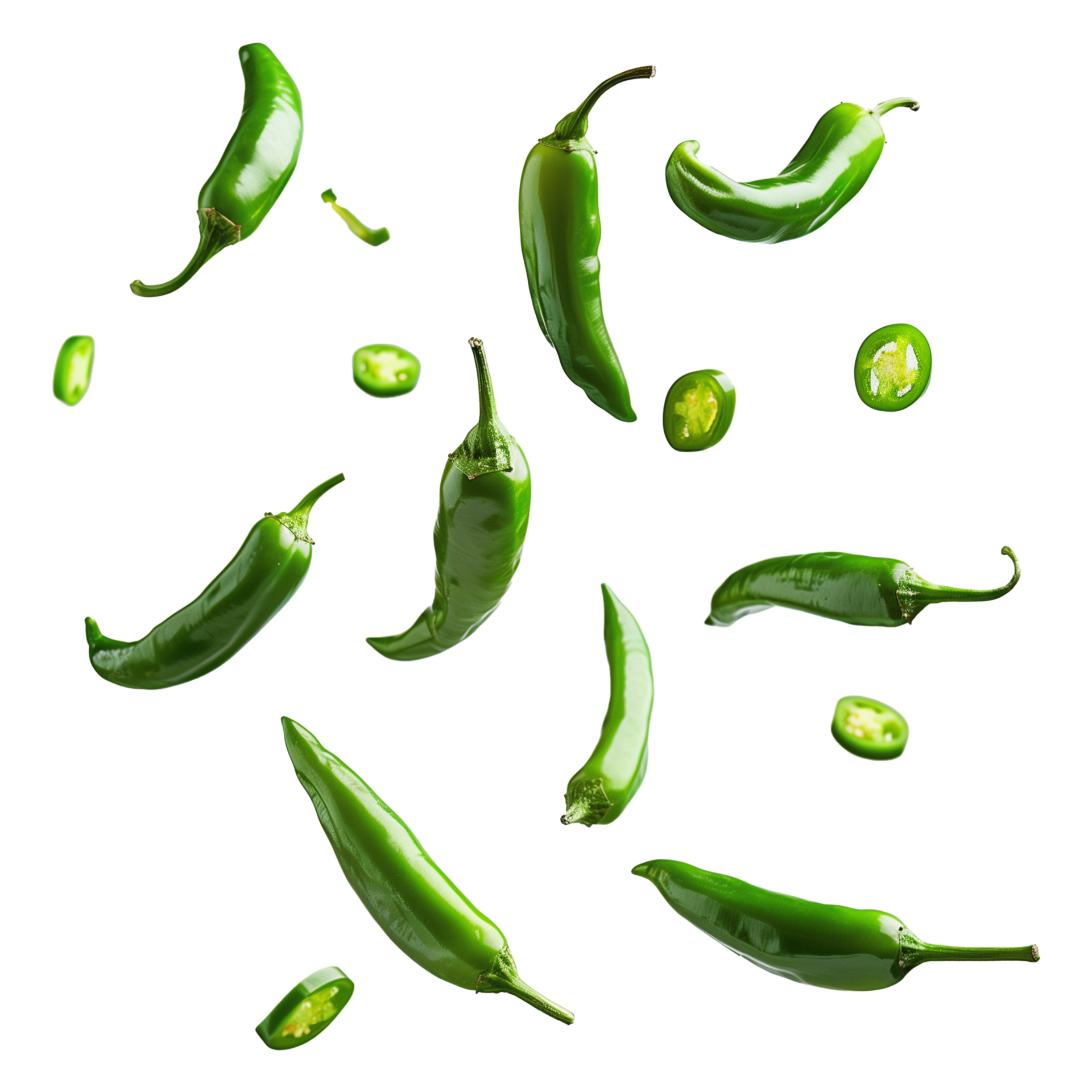 Fresh Green Jalapenos Falling Isolated on Transparent Background