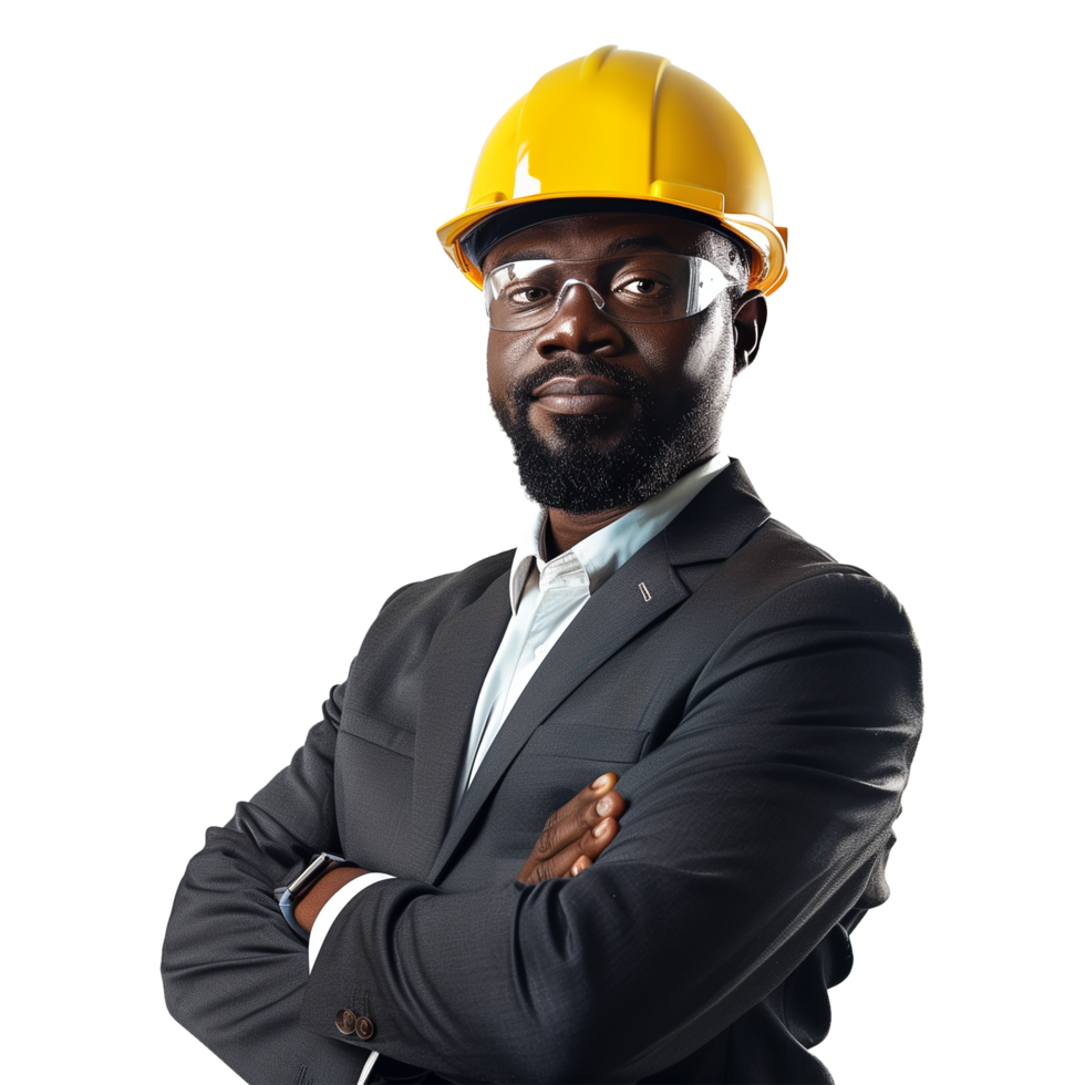 Confident African American Businessman Wearing Safety Helmet Indoors png