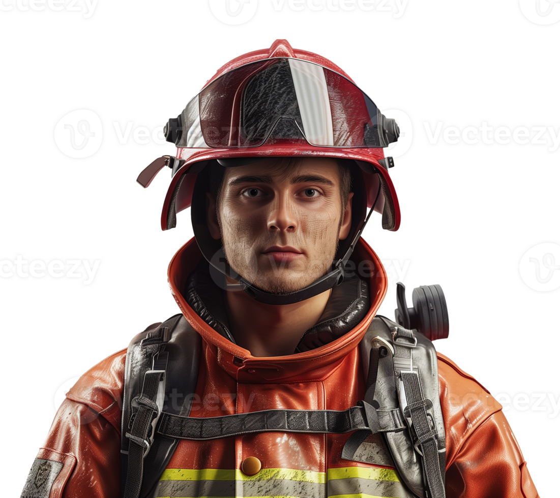 Young Firefighter in Full Gear on Transparent Background png