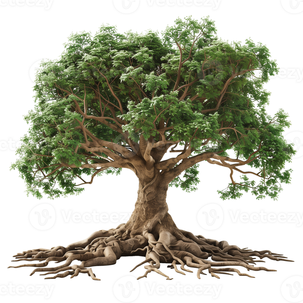 Large Oak Tree with Expansive Roots on Transparent Background png