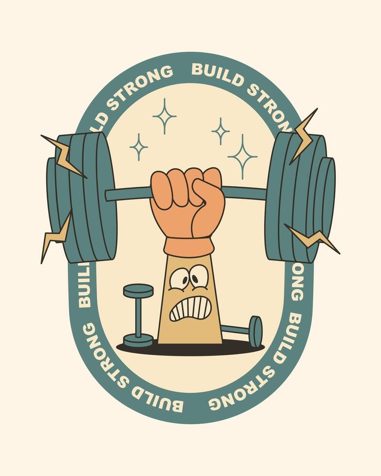 groovy cartoon illustration builds strong, groovy sticker vector
