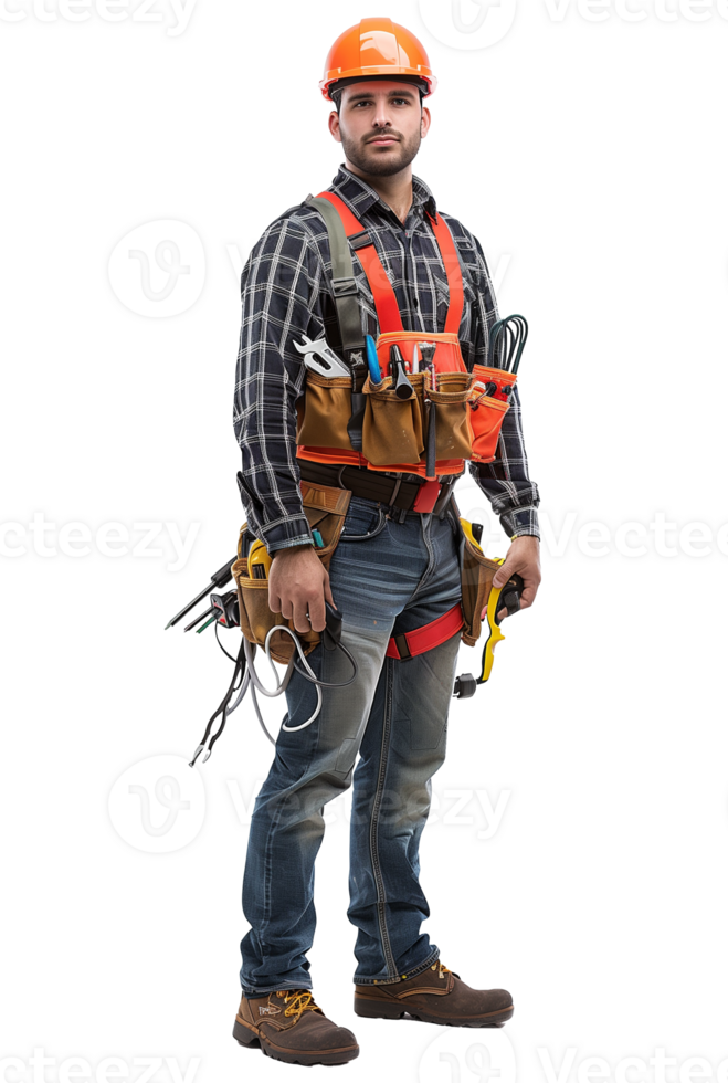 Electrician Wearing Safety Gear and Tool Belt with Tools png