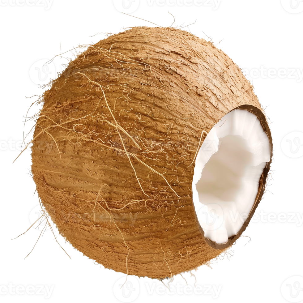 Whole Coconut with Husk and Open End on Transparent Background png