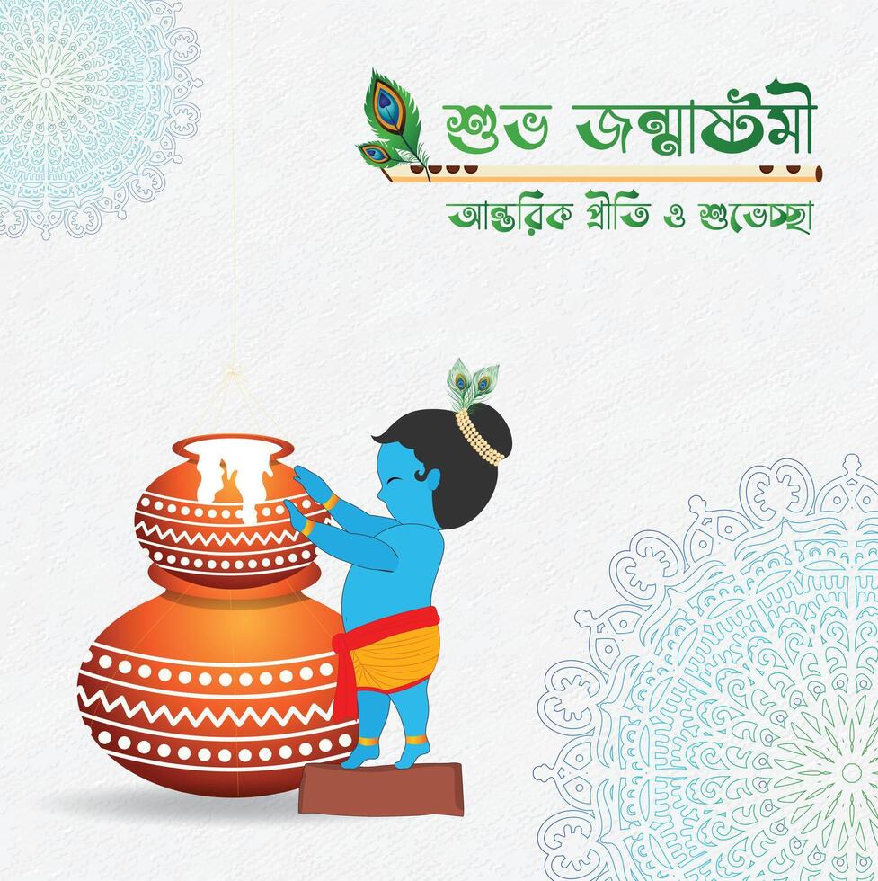 Happy Janmashtami festival celebration banner with background and Bengali text vector