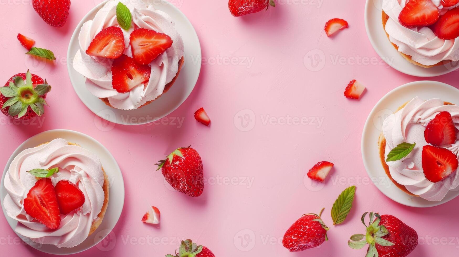 Ice cream strawberry shortcake dessert on white plate copy space pink isolated photo