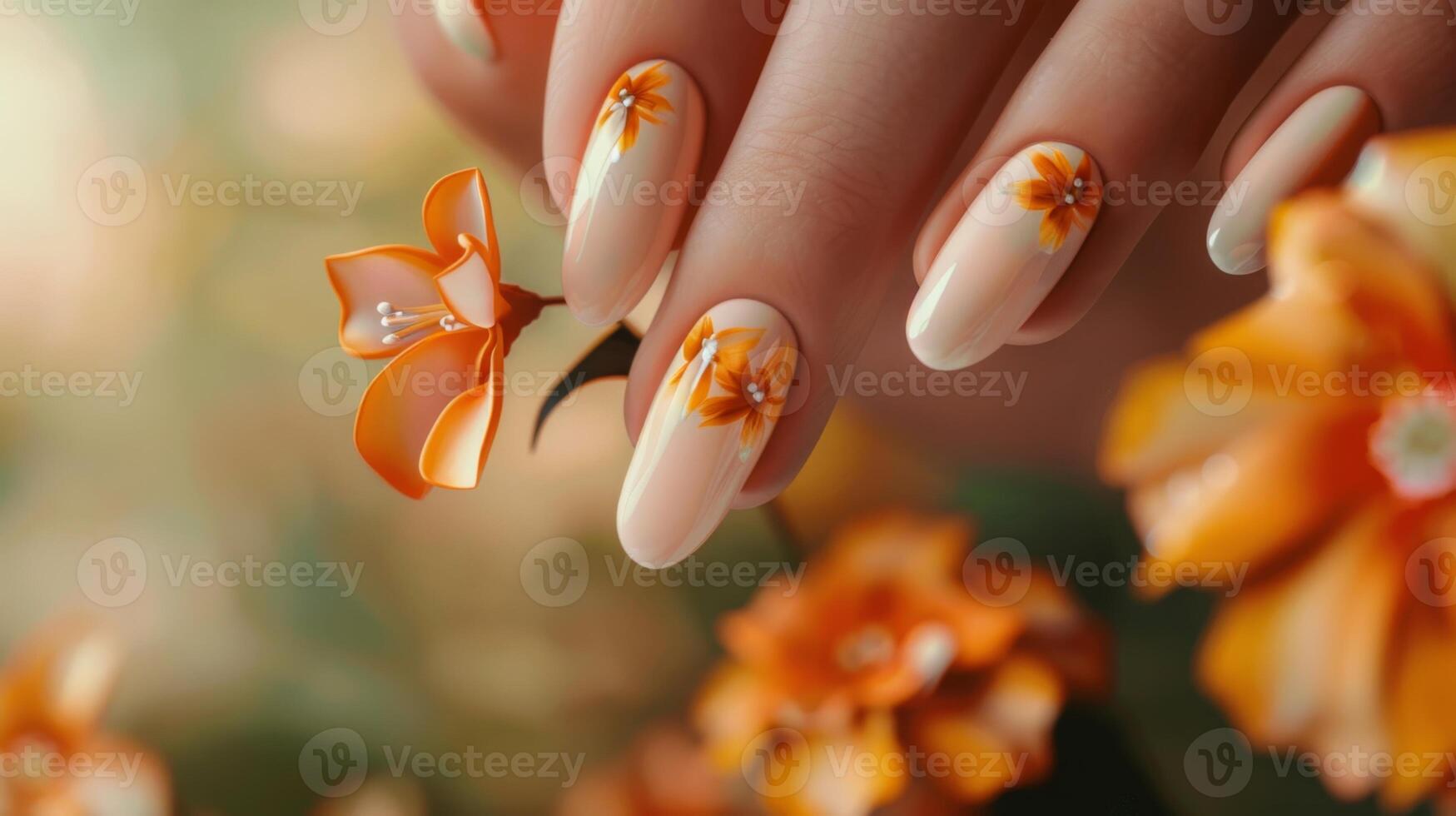 Young female hand wearing nail polish spring flower paint look beauty photo